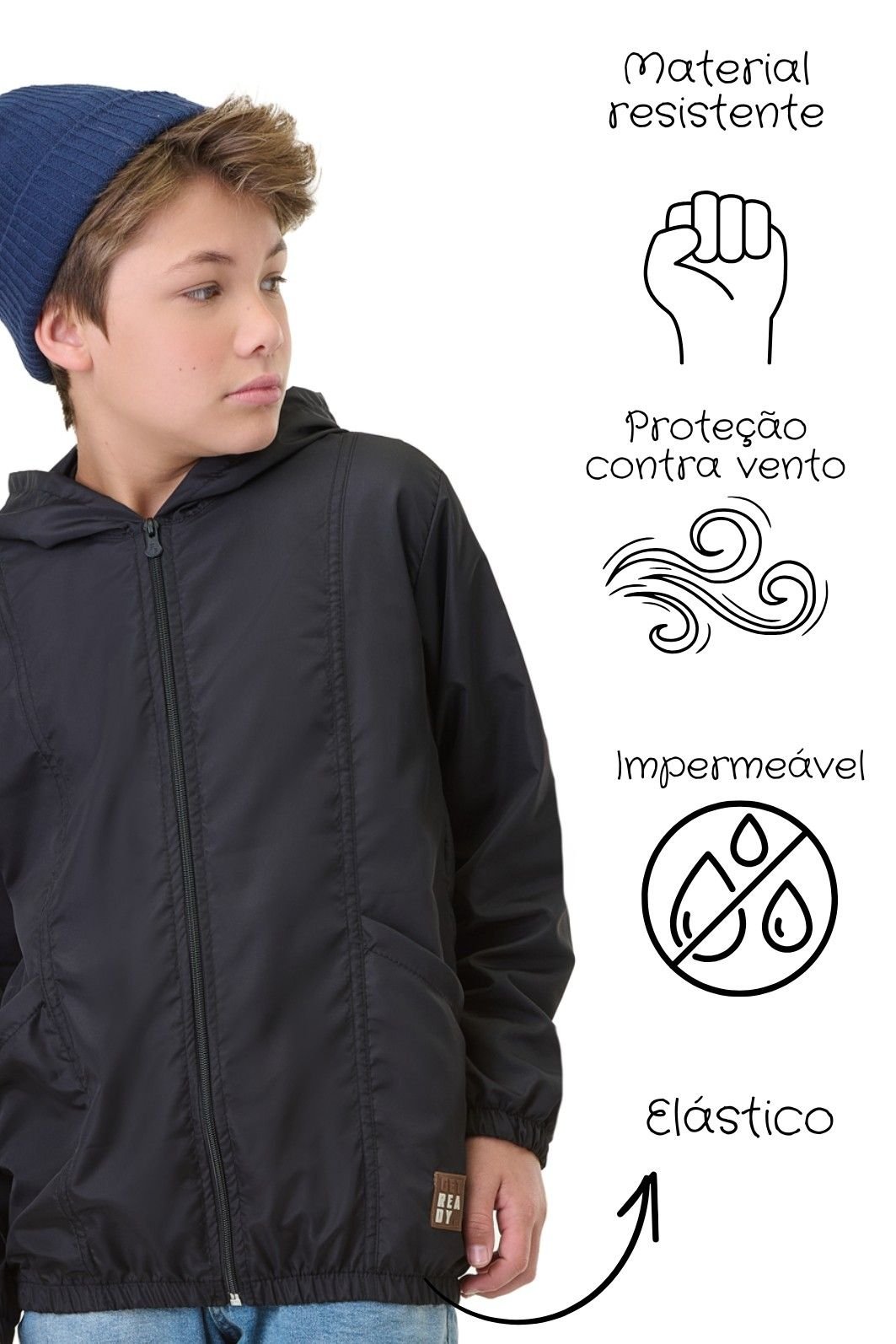 Jaqueta Infantil Menino Corta Vento Com Capuz Preto - Brincar É Arte