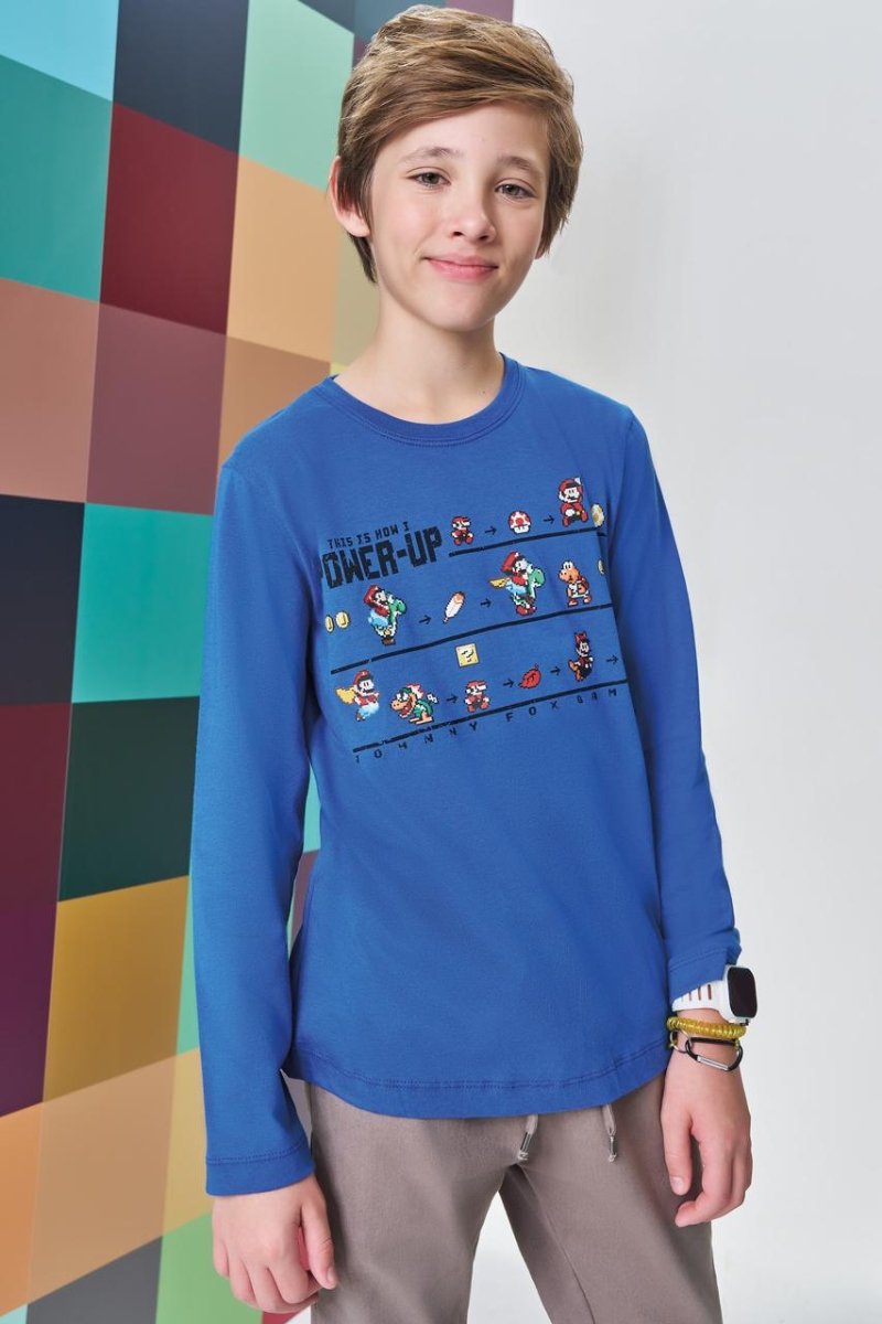 Camiseta Infantil Menino Manga Longa do Mário Azul- Johnny Fox